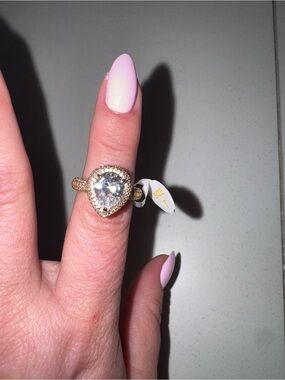 Gold Pear Halo Ring with Clear Center Stone - Pink